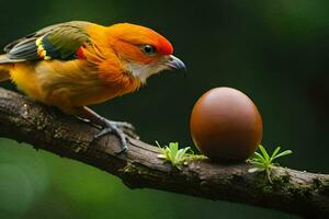 a bird is sitting on a branch with an egg. AI-Generated photo