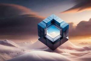 a blue cube with a sky in the middle of it. AI-Generated photo