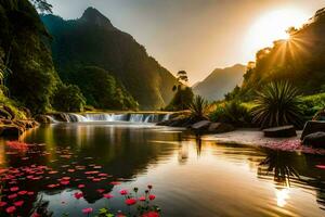 the sun is setting over a river with flowers in the water. AI-Generated photo