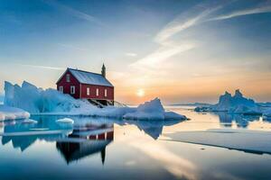 a red church sits on top of an iceberg in the middle of the ocean. AI-Generated photo