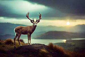 a deer stands on a hill overlooking a lake. AI-Generated photo