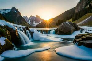 the sun rises over a mountain stream with snow and rocks. AI-Generated photo
