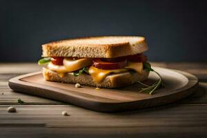 a sandwich with cheese and tomatoes on a wooden board. AI-Generated photo