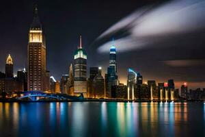 el ciudad horizonte a noche con un brillante ligero. generado por ai foto