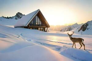 un ciervo soportes en frente de un cabina en el nieve. generado por ai foto