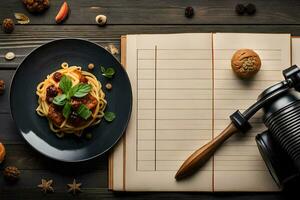 spaghetti on a plate with a notebook and a camera. AI-Generated photo