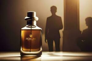 a bottle of perfume sitting on a table. AI-Generated photo