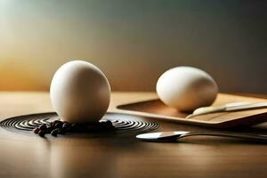two eggs on a wooden tray with a spoon and spoon. AI-Generated photo