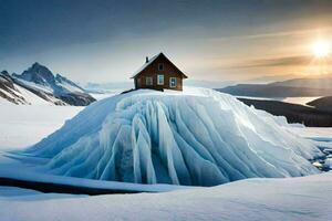 a small house sits on top of an iceberg. AI-Generated photo