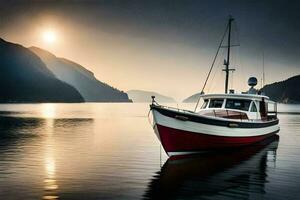 un barco se sienta en el agua a puesta de sol. generado por ai foto