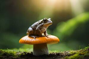 a frog sits on top of a mushroom in the forest. AI-Generated photo