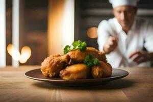 un cocinero es participación un plato de frito pollo. generado por ai foto