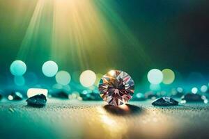 a diamond on the table with a bright light shining on it. AI-Generated photo