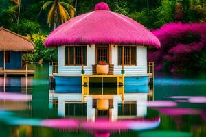 un rosado casa se sienta en el agua con un tejado de paja techo. generado por ai foto