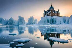 the castle is surrounded by ice and water. AI-Generated photo