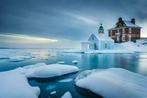 un Iglesia en el hielo en el medio de el océano. generado por ai foto