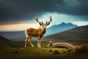 un ciervo soportes en el medio de un campo con un serpiente. generado por ai foto