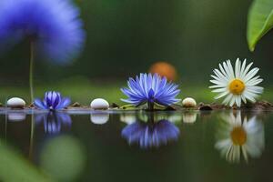 azul flores y blanco huevos en el agua. generado por ai foto