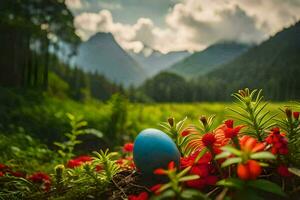 easter egg in the middle of a field with flowers and mountains. AI-Generated photo