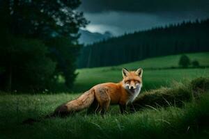 a fox stands in the middle of a green field. AI-Generated photo