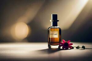 a bottle of perfume sitting on a table with a flower. AI-Generated photo