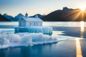 a small house on an iceberg in the middle of the ocean. AI-Generated photo