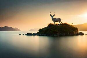 un ciervo soportes en un isla en el medio de el océano. generado por ai foto
