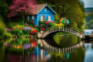 un azul casa se sienta en un puente terminado un río. generado por ai foto