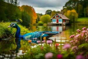 a peacock is floating in the water near a house. AI-Generated photo