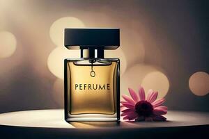 perfume perfume bottle with pink flower. AI-Generated photo