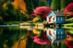 colorful house on lake surrounded by trees. AI-Generated photo