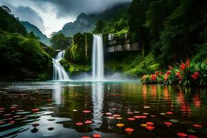 waterfall, flowers, green, rain, waterfall, rainforest, rain, waterfall, rain. AI-Generated photo