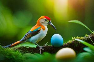 a colorful bird is perched on a branch with an egg. AI-Generated photo