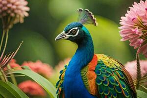 a colorful peacock is standing in front of some flowers. AI-Generated photo