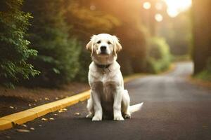 a dog sitting on the road in the sun. AI-Generated photo