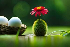 photo wallpaper the grass, flowers, eggs, basket, cactus, flower, green, the. AI-Generated