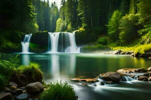 un hermosa cascada en el bosque con rocas y arboles generado por ai foto