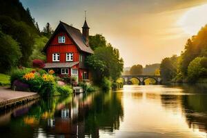 a red house sits on the side of a river. AI-Generated photo