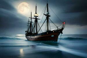 a pirate ship sailing in the ocean under a full moon. AI-Generated photo