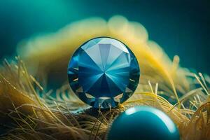 a blue diamond sits on top of feathers. AI-Generated photo