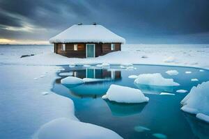 a small cabin in the middle of a frozen lake. AI-Generated photo