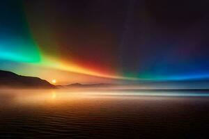 a rainbow light shines over the ocean and mountains. AI-Generated photo