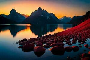 un lago con rocas y montañas a puesta de sol. generado por ai foto
