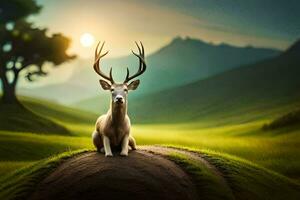 un ciervo se sienta en un colina en el medio de un verde campo. generado por ai foto