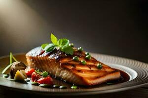 grilled salmon on a plate with vegetables. AI-Generated photo