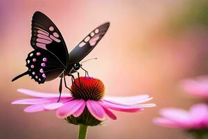 un negro mariposa es sentado en un rosado flor. generado por ai foto