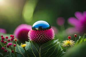 un azul esfera sentado en parte superior de un flor. generado por ai foto