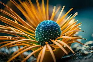 un cerca arriba de un flor con azul y amarillo pétalos generado por ai foto