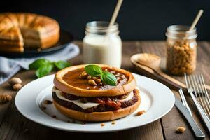 a hamburger with cheese, nuts and sauce on a plate. AI-Generated photo