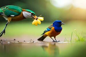 two colorful birds standing next to each other. AI-Generated photo